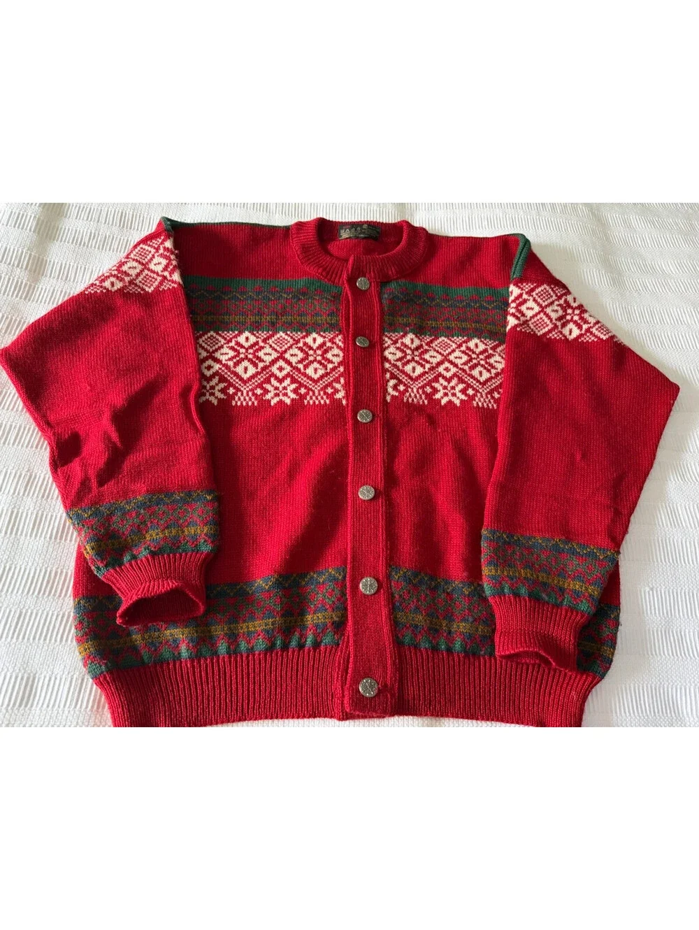 NORDSTRIKK Norway Wool Fair Isle Cardigan Sweater Large Ski Snowflake Red Green